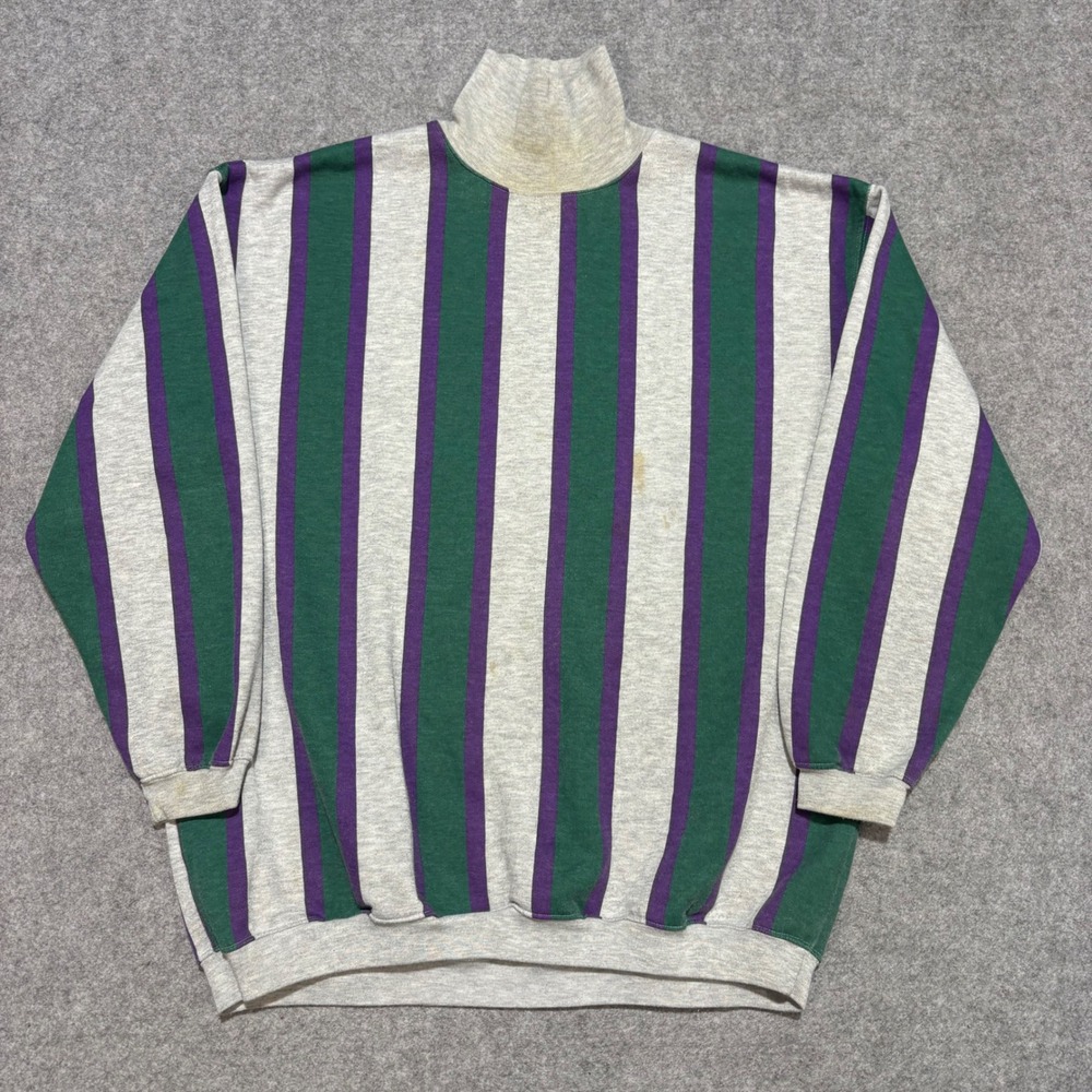 Vintage Dashers Mock Neck Sweatshirt Mens Large Striped Grey Green Purple Retro